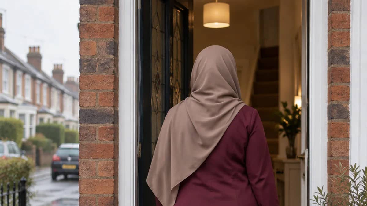 A hijabi home-visit practitioner, viewed from behind, carrying her therapy case into a British home