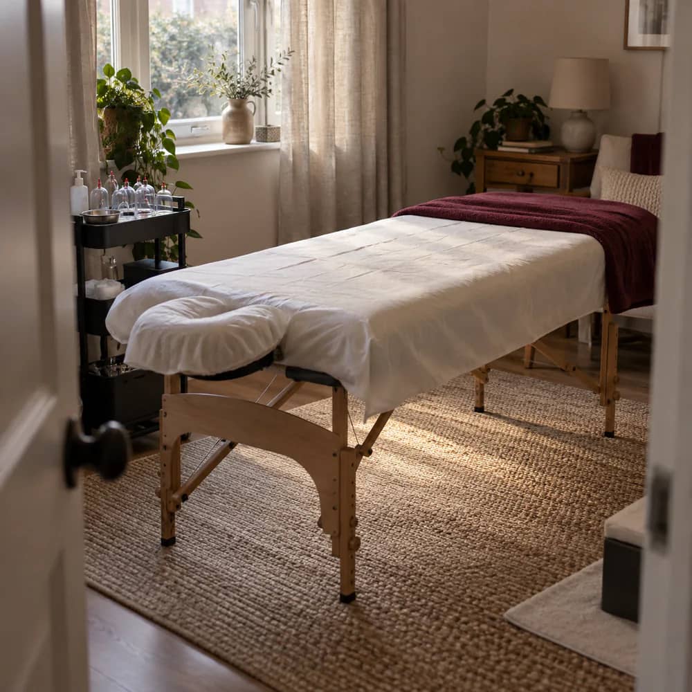 Soft light on a prayer-mat-toned rug and a massage bed prepared for Hijama