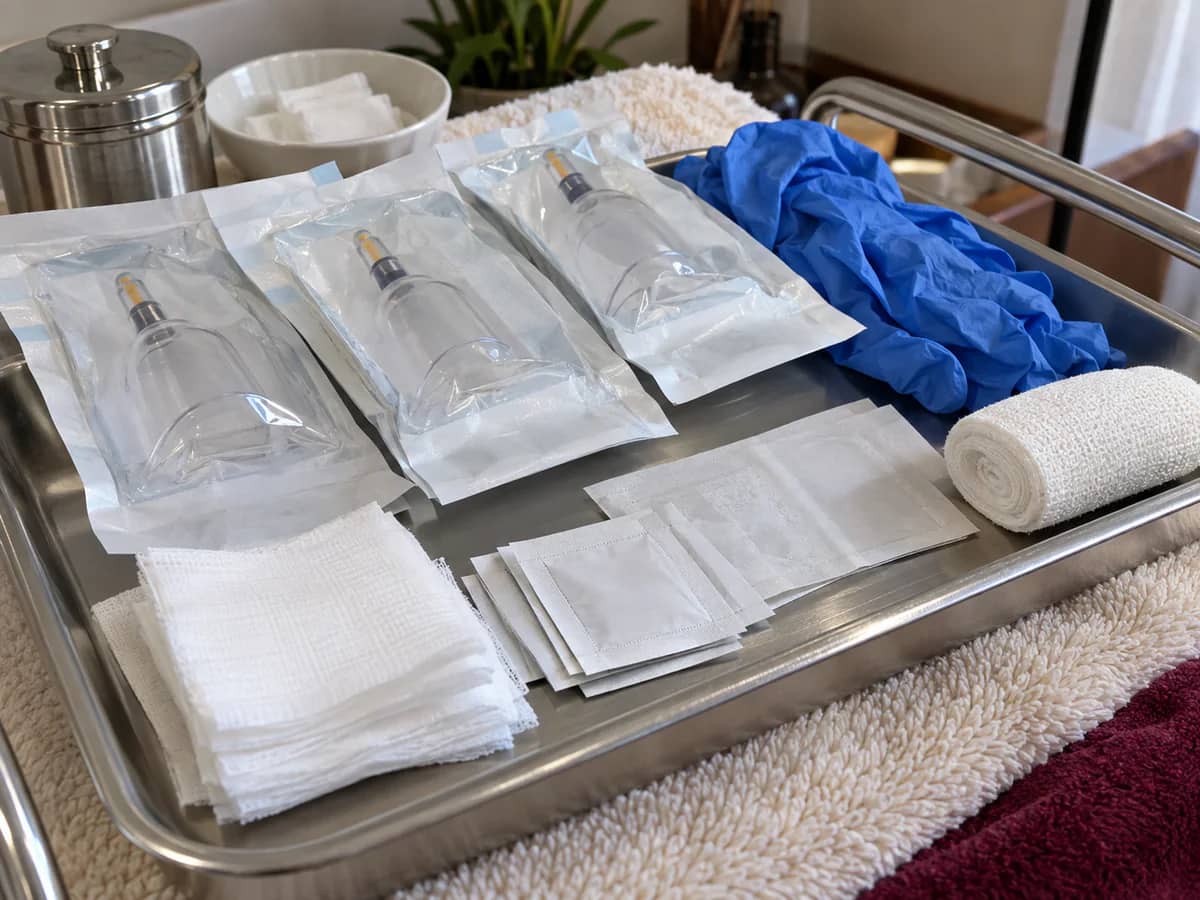 Close-up of sealed sterile blade packets and nitrile gloves on a clean tray
