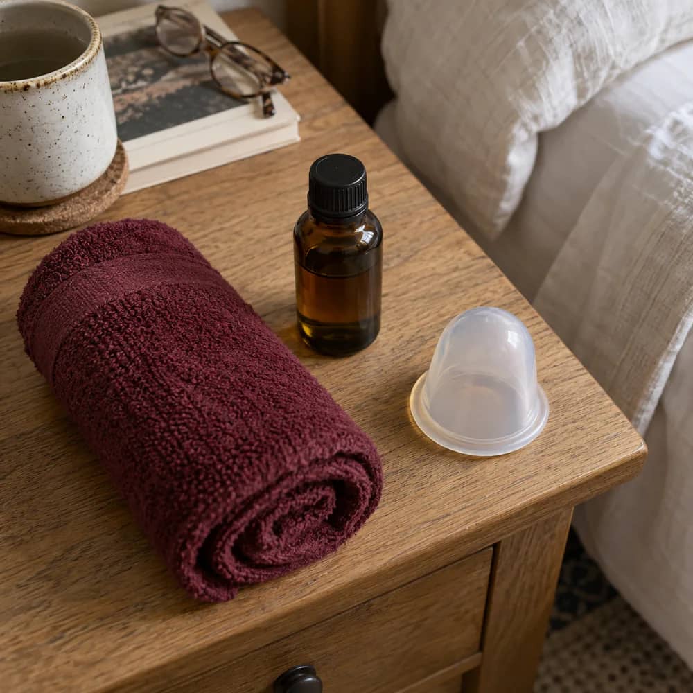 A neatly rolled burgundy towel with a small bottle of black seed oil