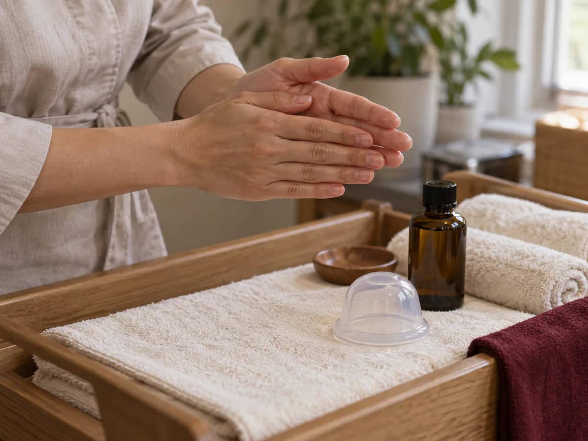 A female practitioner warming natural oil between her hands beside a massage cup