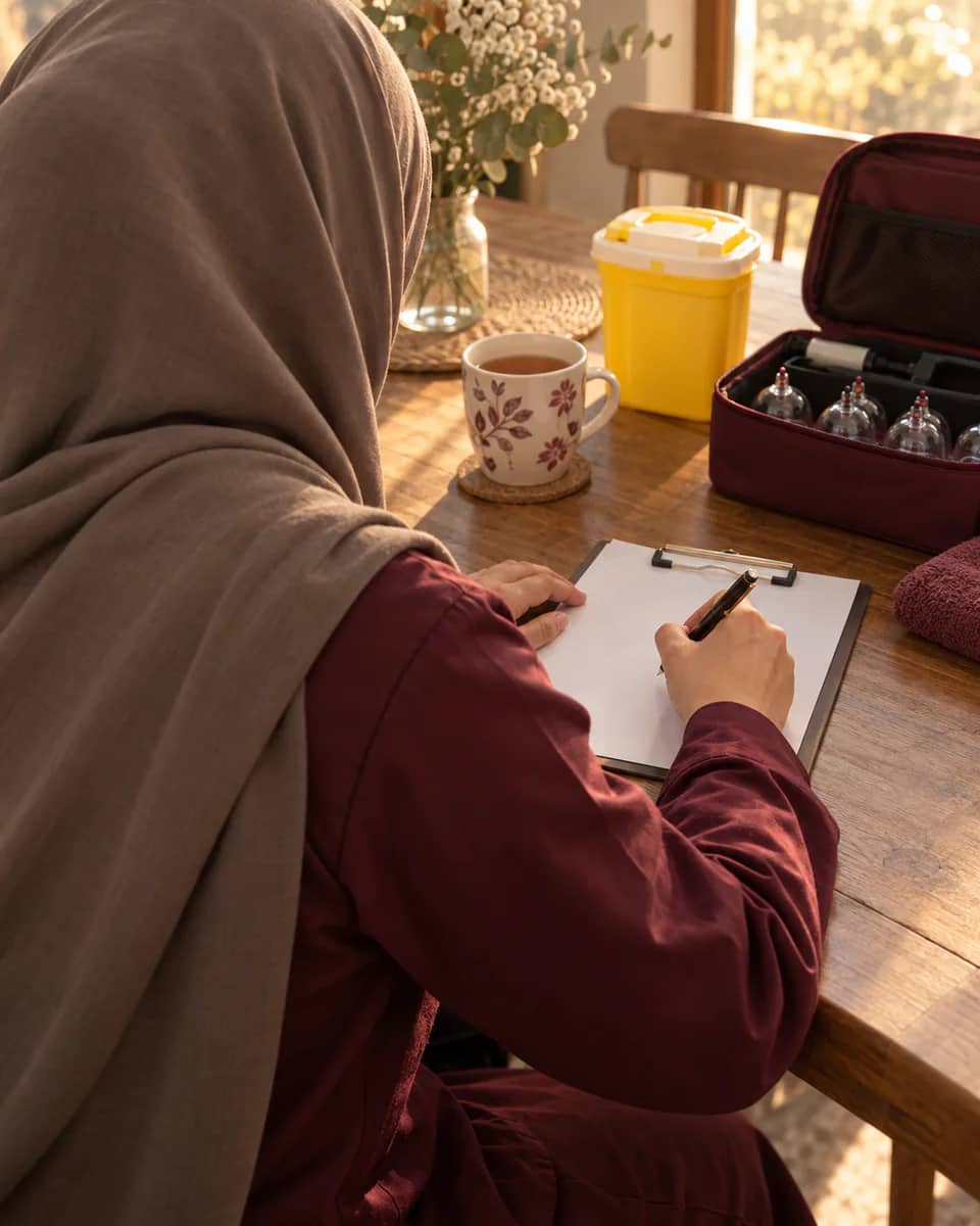 A hijabi practitioner, viewed over the shoulder with her face hidden, writing aftercare notes at a kitchen table