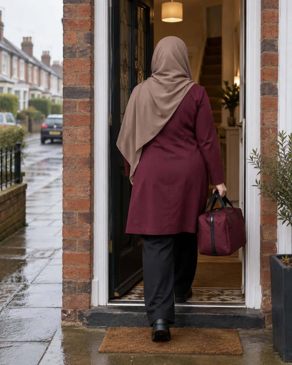 A hijabi home-visit practitioner, viewed from behind, carrying a burgundy therapy case through a front doorway