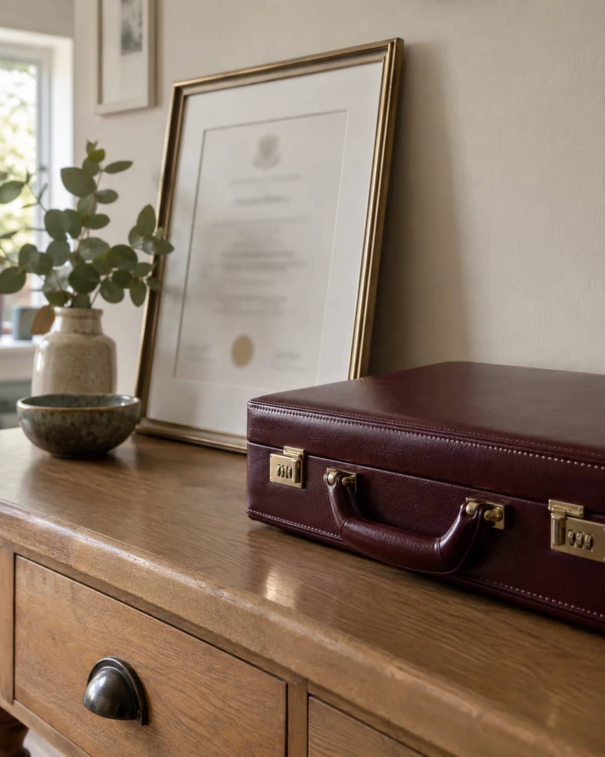 A framed practitioner training certificate beside the burgundy therapy case