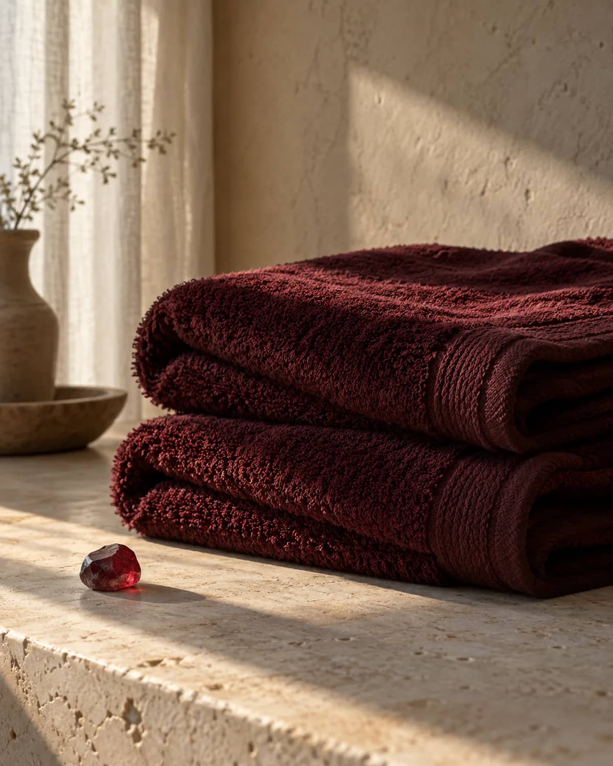Morning light falling across folded burgundy towels and a single ruby-red gemstone on stone