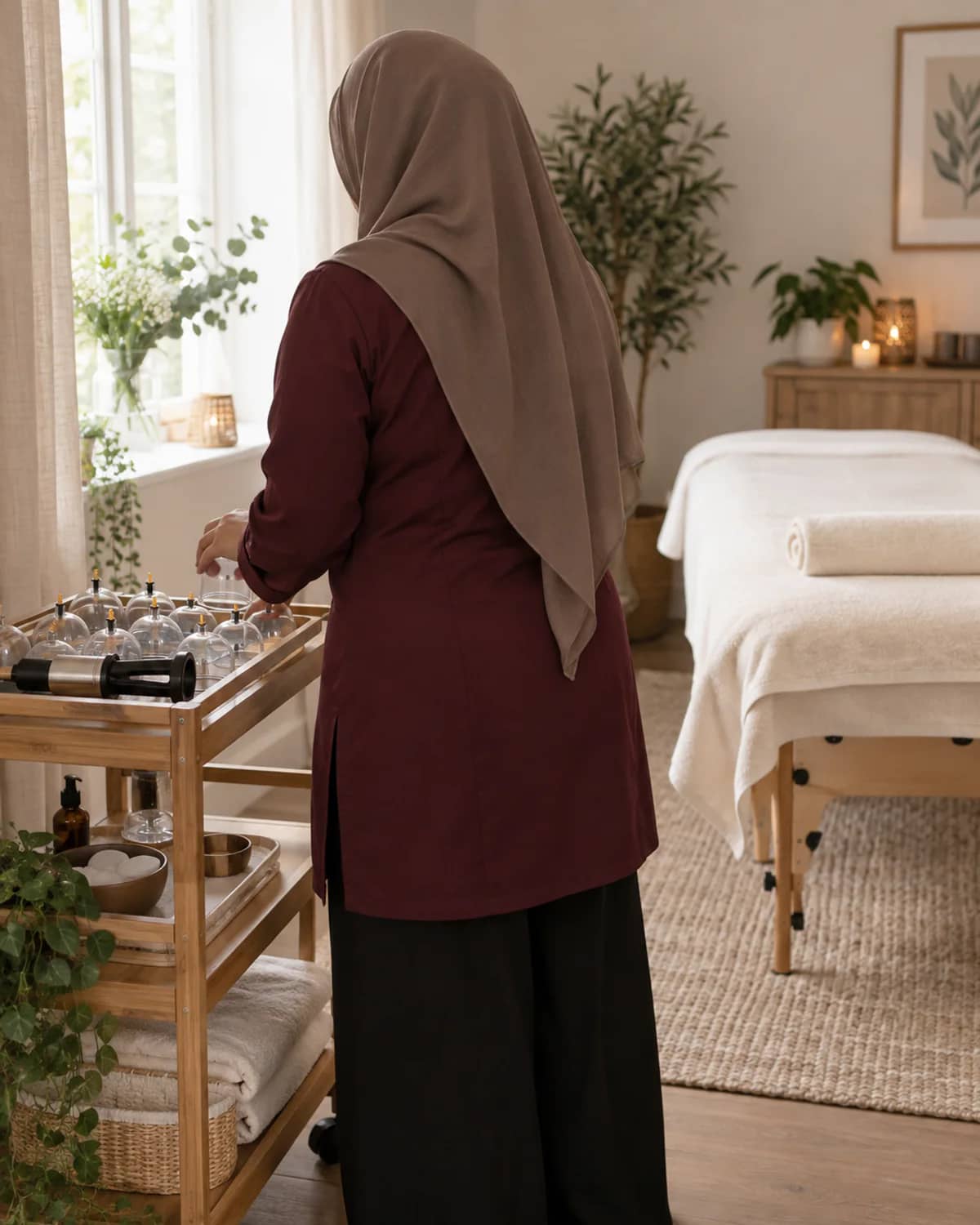A hijabi home-visit cupping practitioner, viewed from behind, preparing equipment in a burgundy clinical tunic