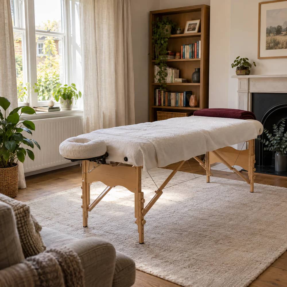 A portable massage bed dressed with fresh towels in a calm, sunlit living room
