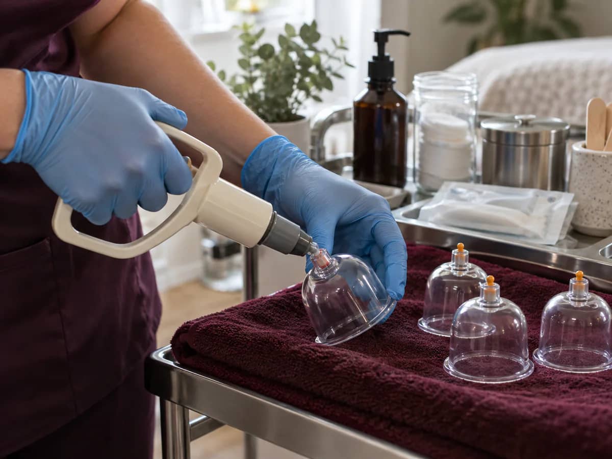 A female practitioner's gloved hands connecting a hand pump to a clear cupping cup