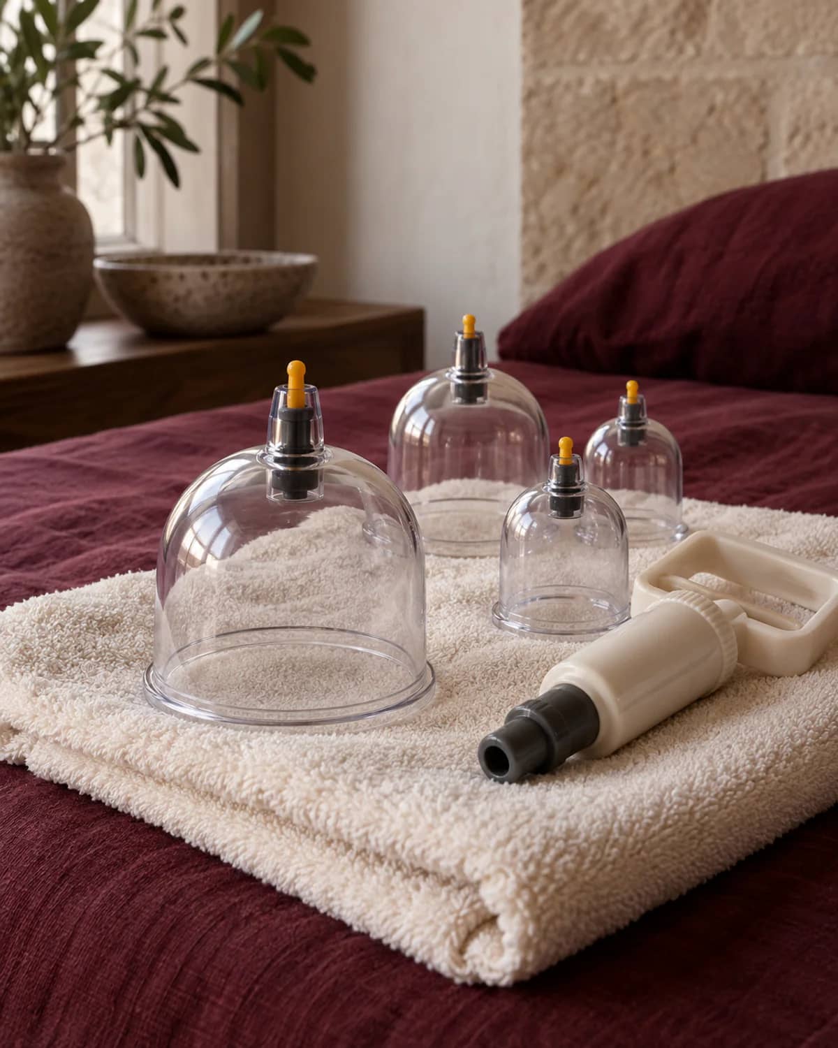 Sterile plastic cupping cups arranged on a pristine folded white towel, lit softly from the side
