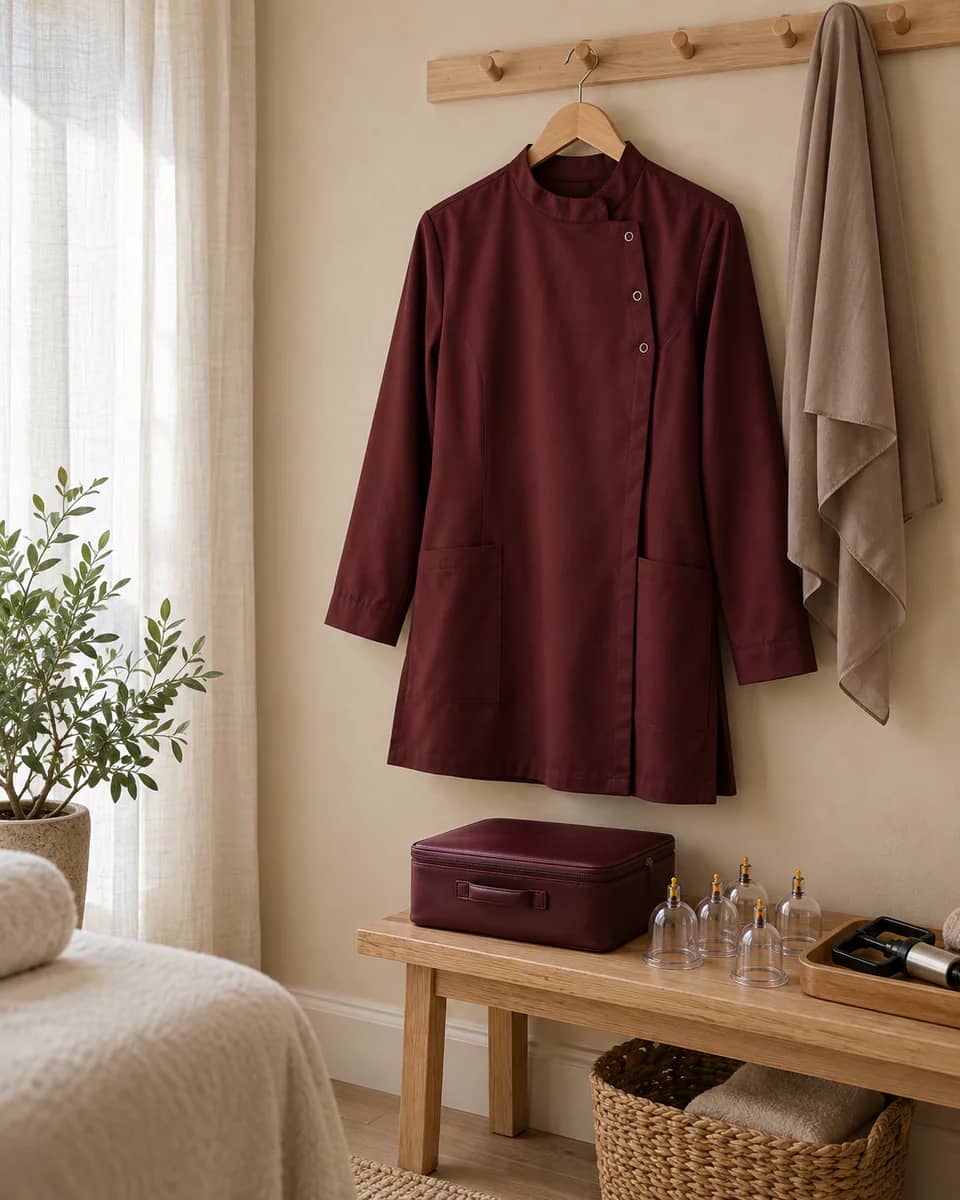 A burgundy long-sleeved clinical tunic and taupe hijab prepared beside the cupping kit
