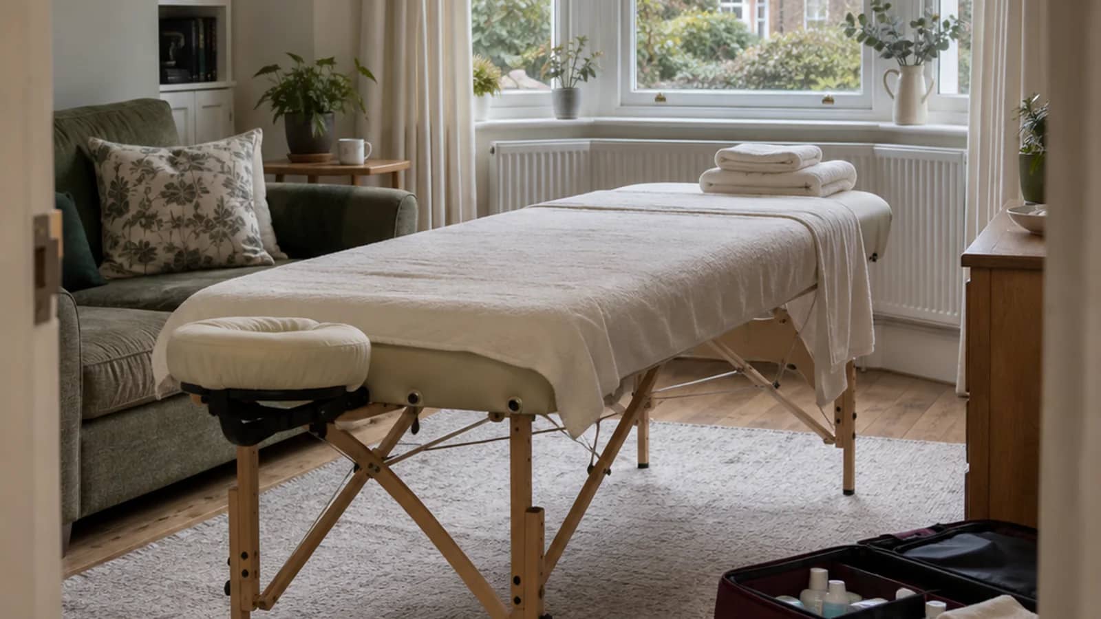 Wide shot of a calm bedroom prepared for a session: massage bed, folded towels, soft light through linen curtains