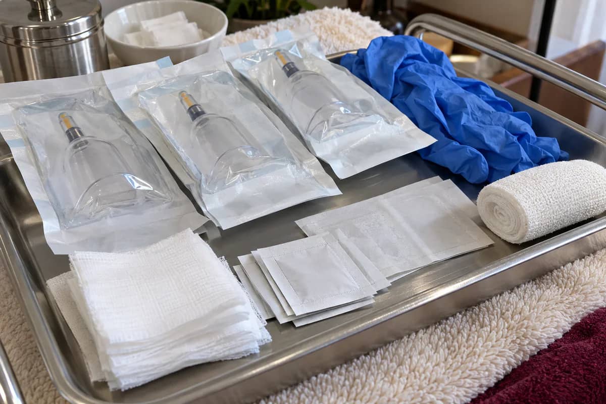 Sealed sterile cups, nitrile gloves, dressings and wipes arranged on a clean tray