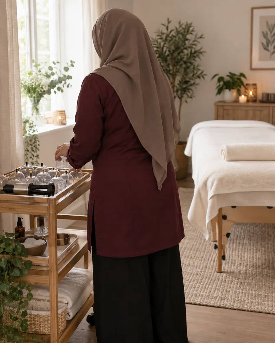 A hijabi cupping practitioner, viewed from behind, preparing clear cups on a treatment trolley