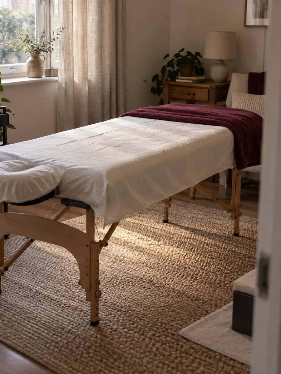 A prepared massage bed with a burgundy blanket in a quiet home room