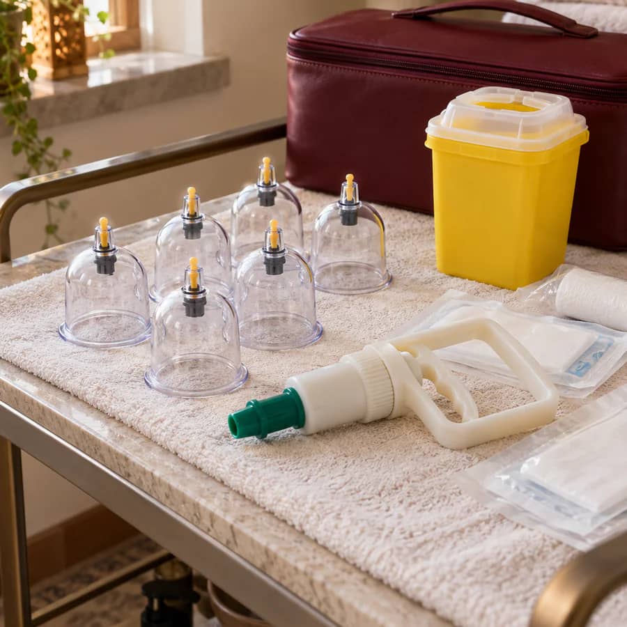 A yellow clinical sharps container beside sealed blade packets and nitrile gloves