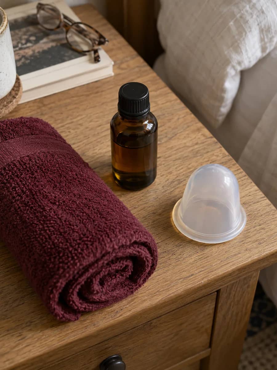 Folded burgundy towels and a small bottle of black seed oil on a bedside table