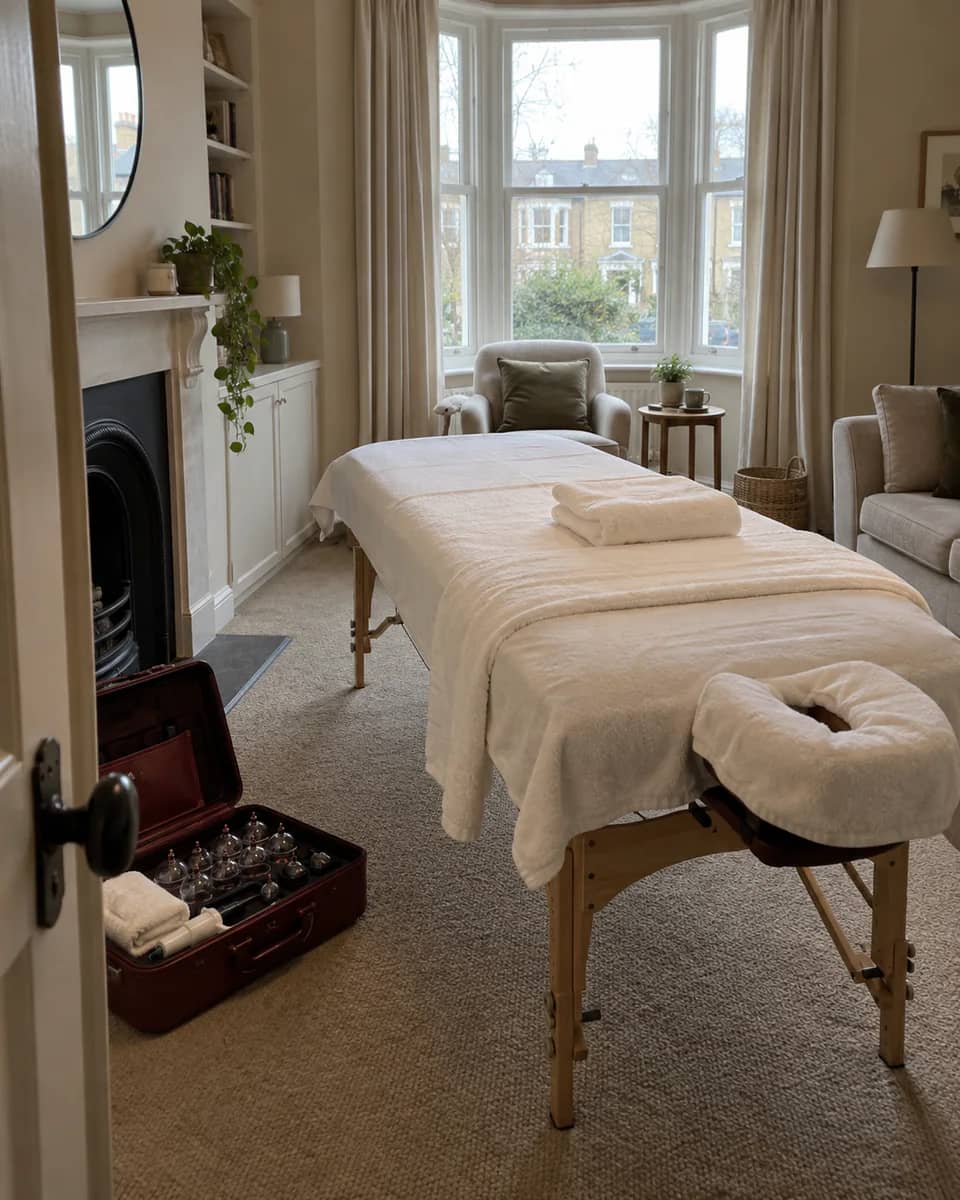 A portable massage bed dressed with cream towels beside a window with soft daylight