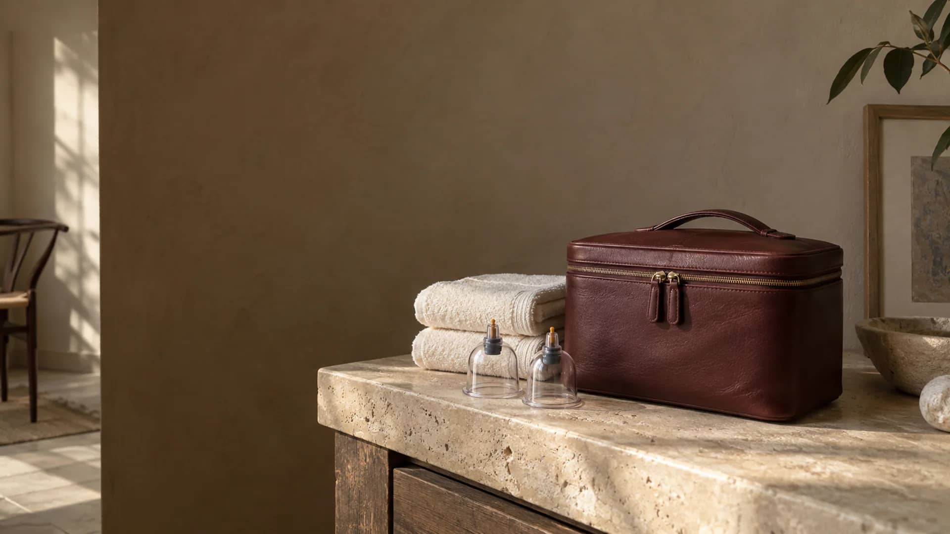 A beautifully lit, soft-focus shot of the premium burgundy therapy bag and folded towels against a warm, minimalist backdrop