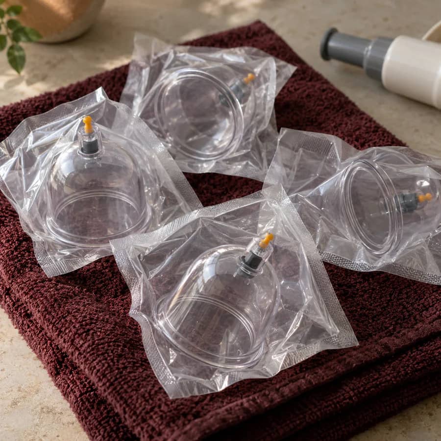 Close-up of sealed single-use cups resting on a burgundy towel