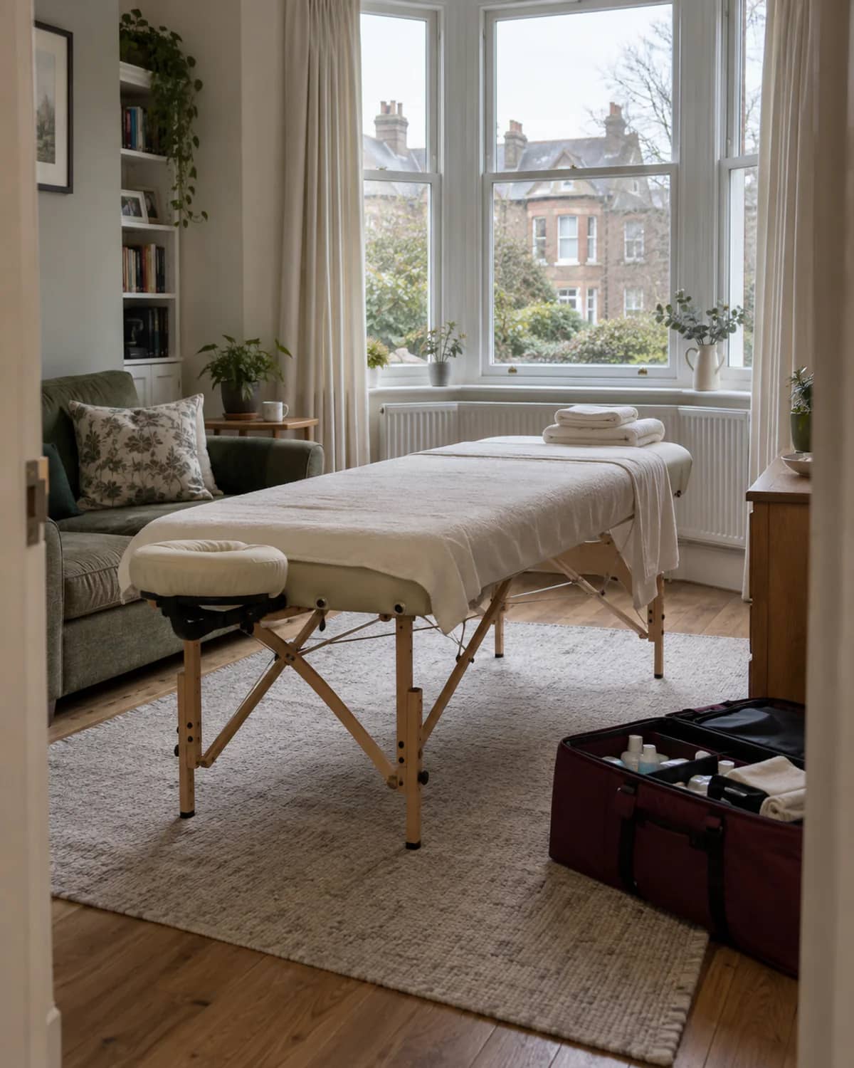 A portable massage bed set up beside a bay window with cream towels and a burgundy case