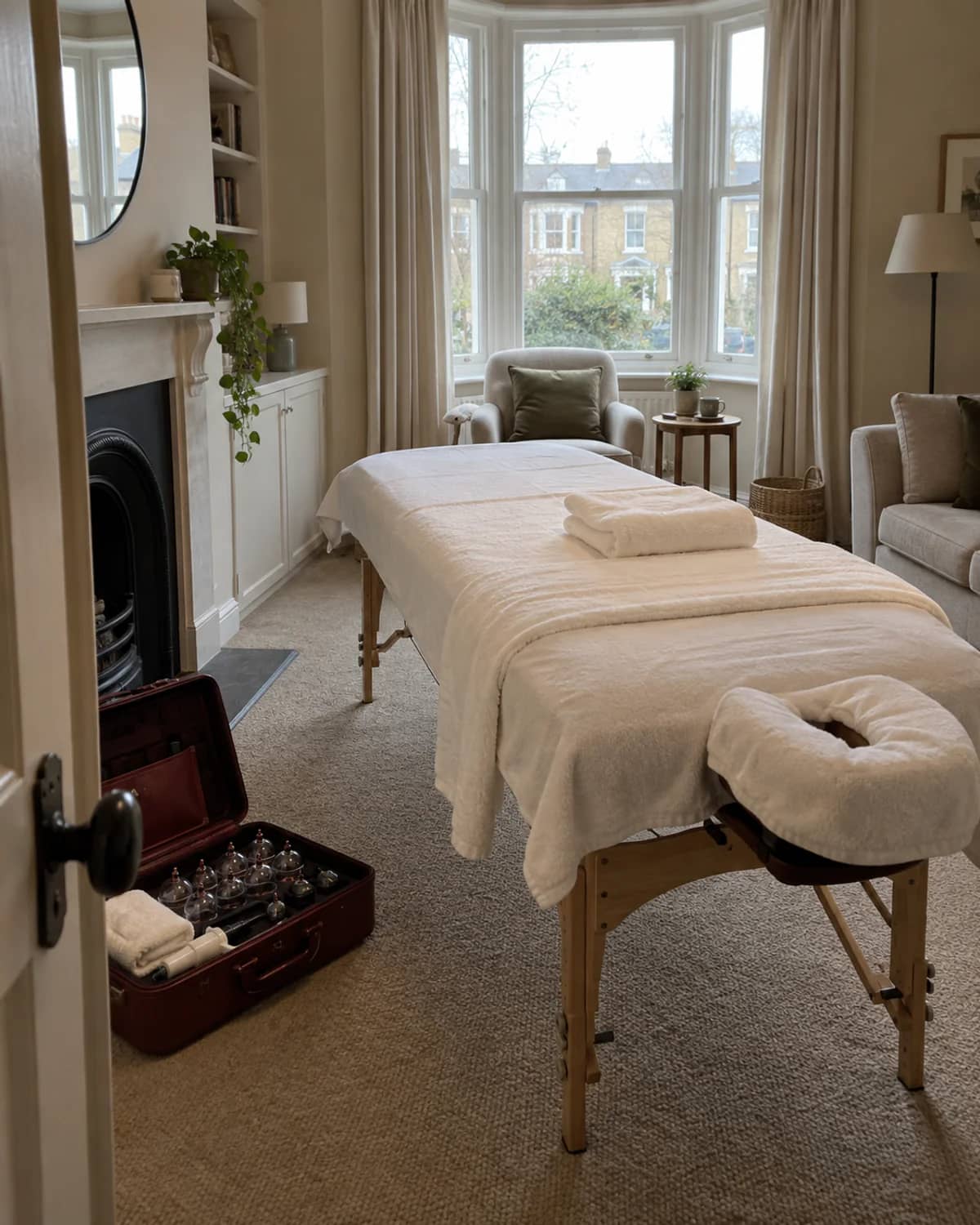 A portable massage bed dressed in cream towels set up in a calm, sunlit living room