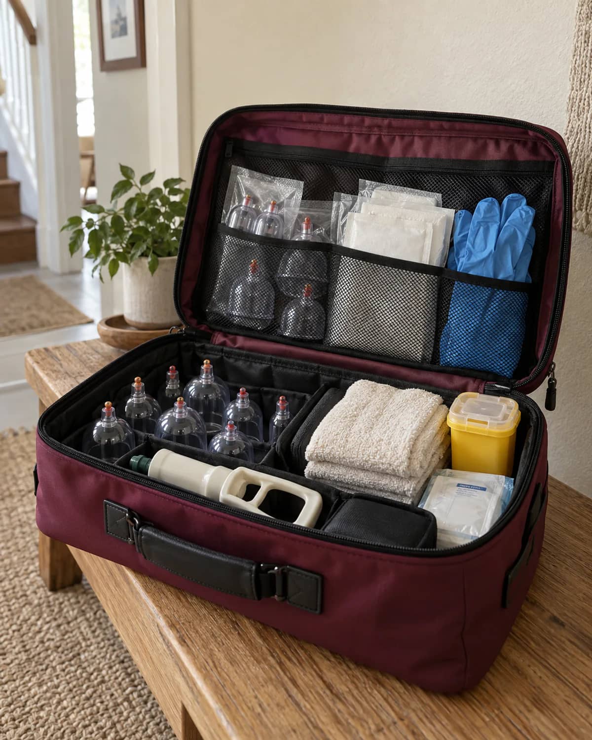 The open burgundy therapy case showing sealed cups, gloves and folded cream towels