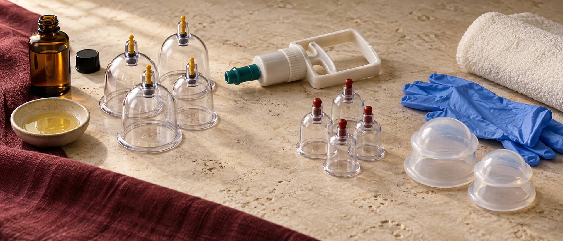 Macro still-life of smooth massage oil, sterile plastic cups on a pristine towel and warm hands preparing for therapy