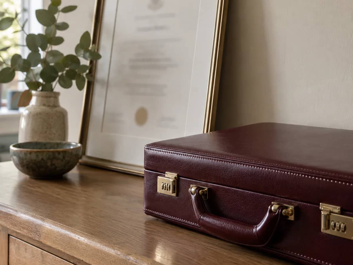 A framed practitioner training certificate beside a burgundy therapy case