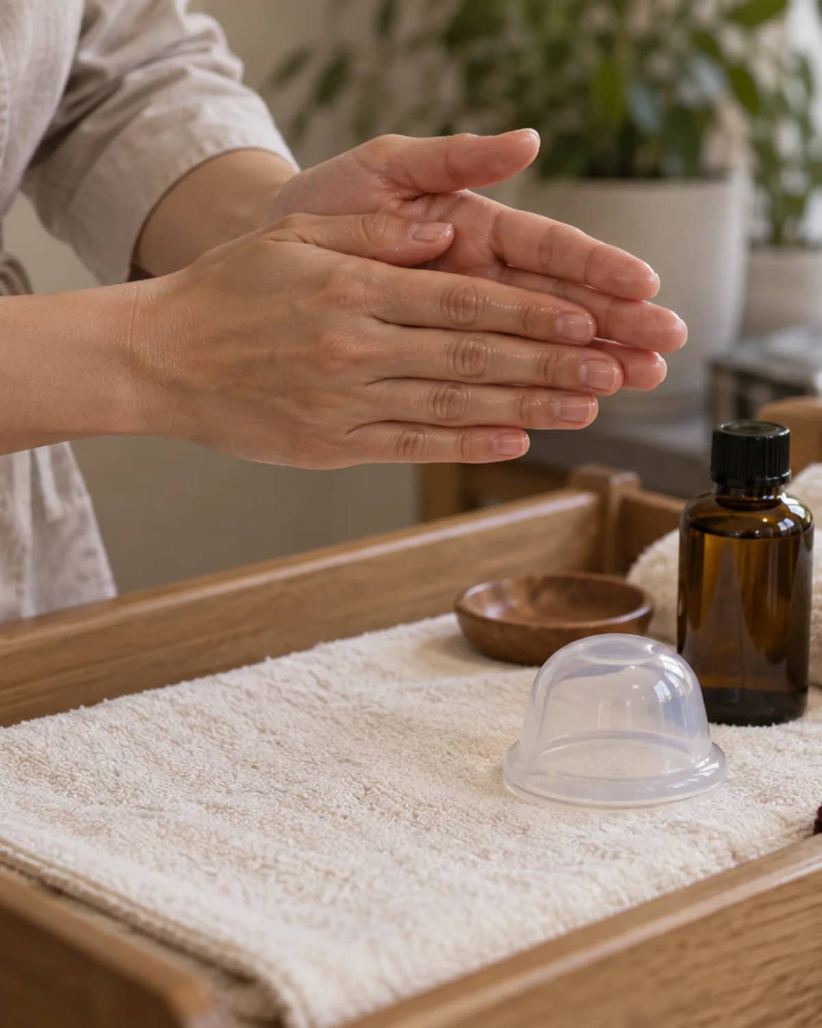 A female practitioner warming natural oil between her hands beside fresh towels